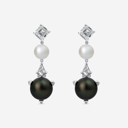 12 mm Tahitian & 8 mm Freshwater Pearl with 3 3/4 ctw Lab Grown Diamond Dangle Earrings    14K White Gold, Tahitian