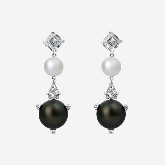 12 mm Tahitian & 8 mm Freshwater Pearl with 3 3/4 ctw Lab Grown Diamond Dangle Earrings    14K White Gold, Tahitian