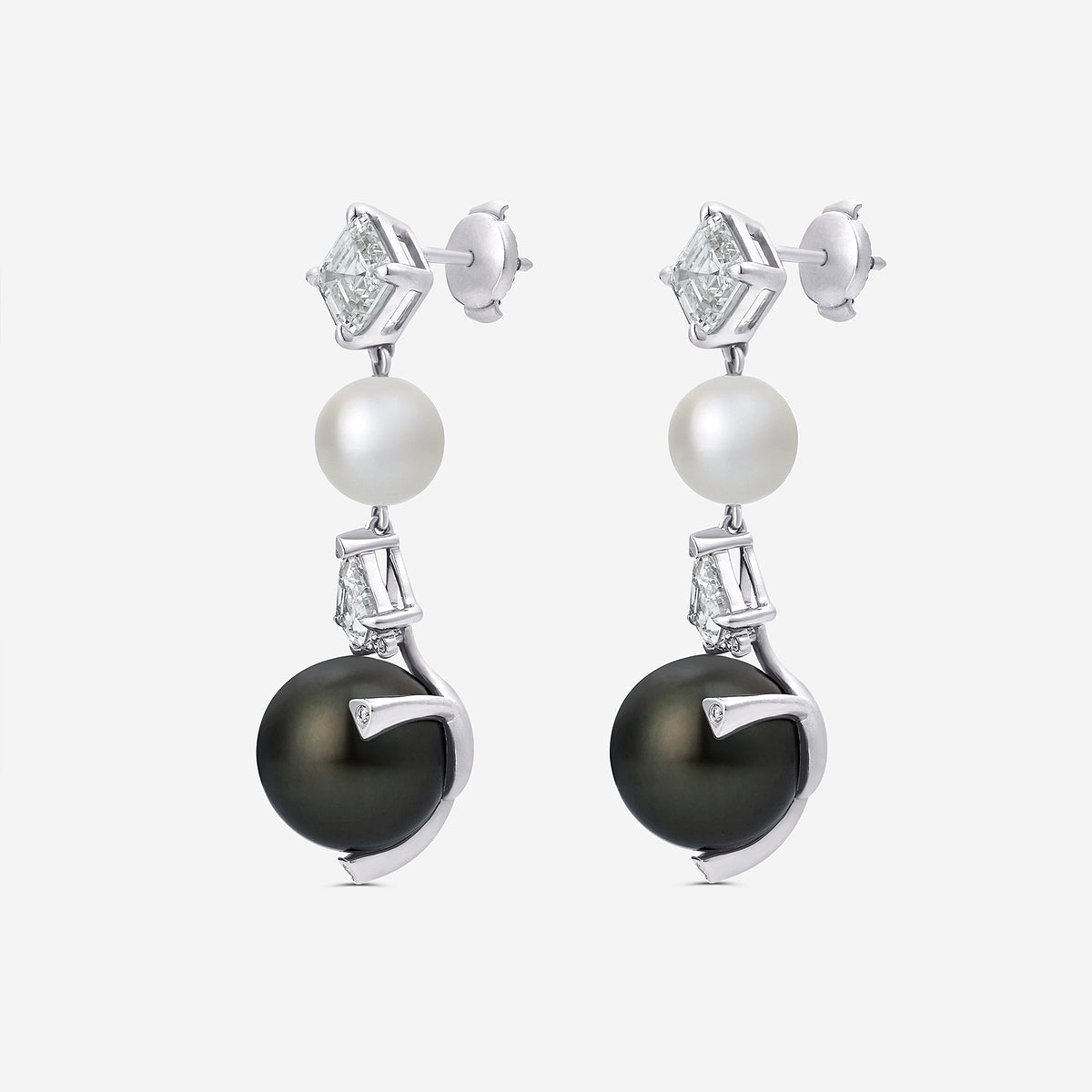 12 mm Tahitian & 8 mm Freshwater Pearl with 3 3/4 ctw Lab Grown Diamond Dangle Earrings    14K White Gold, Tahitian