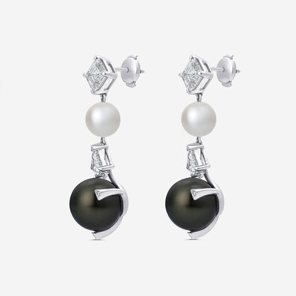 12 mm Tahitian & 8 mm Freshwater Pearl with 3 3/4 ctw Lab Grown Diamond Dangle Earrings    14K White Gold, Tahitian