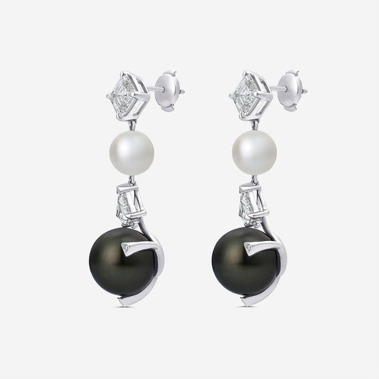 12 mm Tahitian & 8 mm Freshwater Pearl with 3 3/4 ctw Lab Grown Diamond Dangle Earrings    14K White Gold, Tahitian