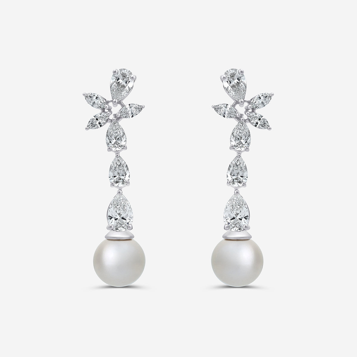 9 mm Freshwater Pearl and 4 ctw Lab Grown Diamond Dangle Earrings    14K White Gold, Fresh Water