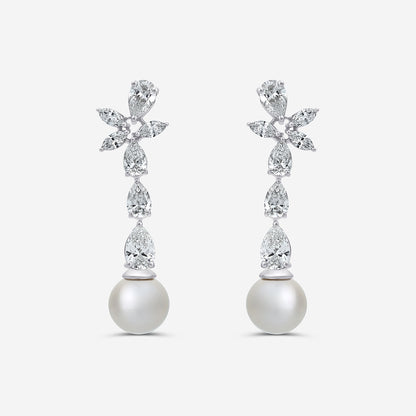 9 mm Freshwater Pearl and 4 ctw Lab Grown Diamond Dangle Earrings    14K White Gold, Fresh Water