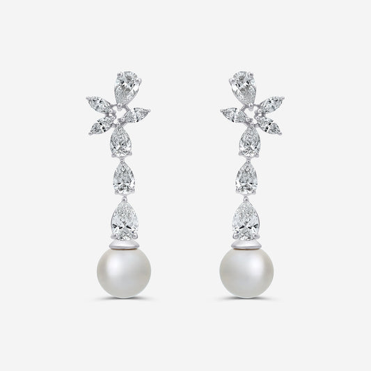 9 mm Freshwater Pearl and 4 ctw Lab Grown Diamond Dangle Earrings    14K White Gold, Fresh Water