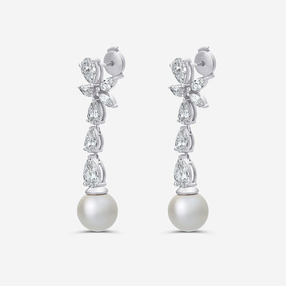 9 mm Freshwater Pearl and 4 ctw Lab Grown Diamond Dangle Earrings    14K White Gold, Fresh Water
