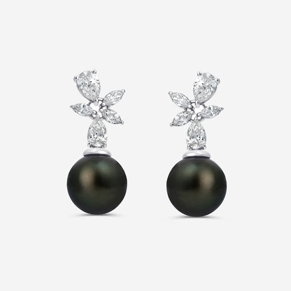 11 mm Tahitian Pearl with 2 ctw Lab Grown Diamond Drop Earrings    14K White Gold, Tahitan