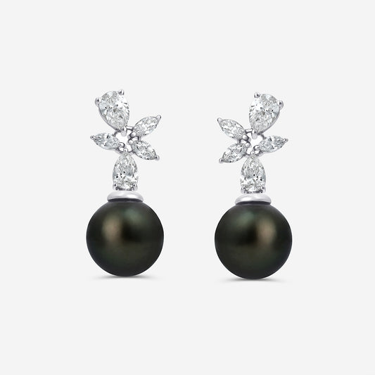 11 mm Tahitian Pearl with 2 ctw Lab Grown Diamond Drop Earrings    14K White Gold, Tahitan
