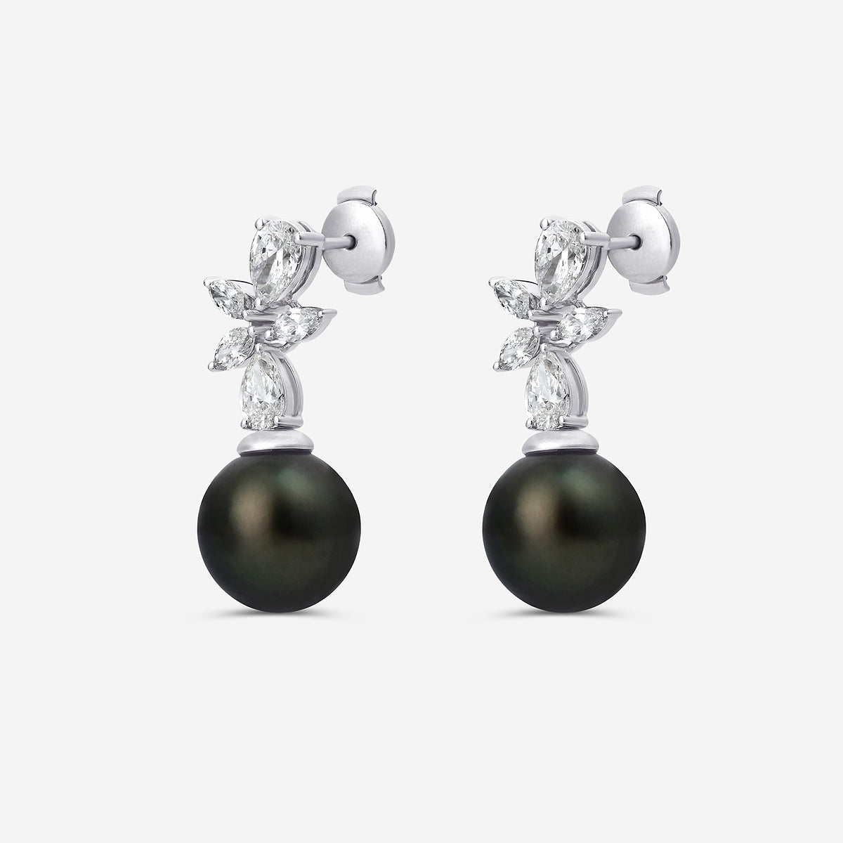 11 mm Tahitian Pearl with 2 ctw Lab Grown Diamond Drop Earrings    14K White Gold, Tahitan