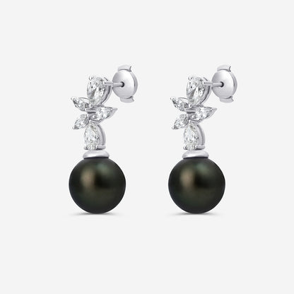 11 mm Tahitian Pearl with 2 ctw Lab Grown Diamond Drop Earrings    14K White Gold, Tahitan