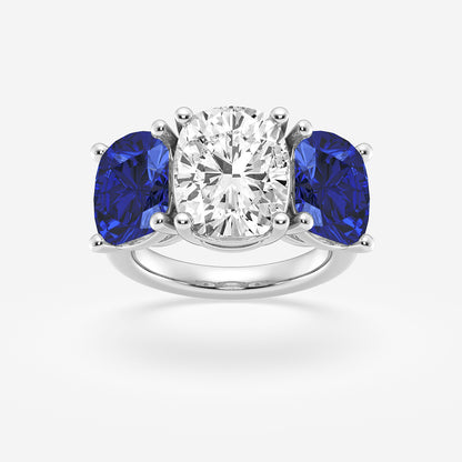 Ring with a central diamond flanked by two blue gemstones