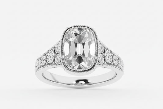 Silver ring with a large diamond on a white background