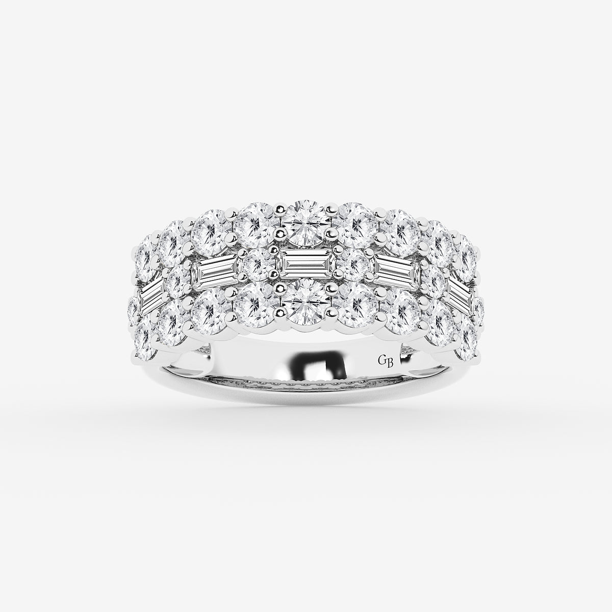 Briar 2 1/8 ctw Round & Baguette Lab Grown Diamond Triple Row Ring    18K White Gold, DE, VS1