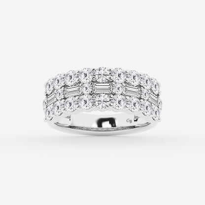 Briar 2 1/8 ctw Round & Baguette Lab Grown Diamond Triple Row Ring    18K White Gold, DE, VS1