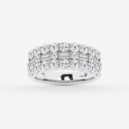 Briar 2 1/8 ctw Round & Baguette Lab Grown Diamond Triple Row Ring    18K White Gold, DE, VS1