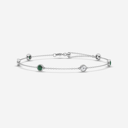 1 1/4 Round Cut Created Emerald and Round Lab Grown Diamond Anklet    14K White Gold