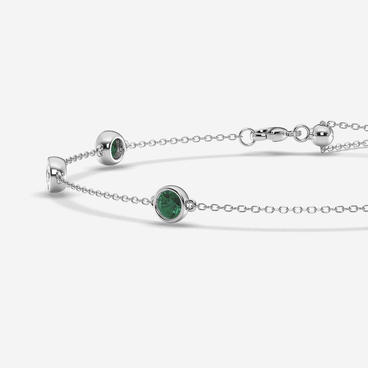 1 1/4 Round Cut Created Emerald and Round Lab Grown Diamond Anklet    14K White Gold
