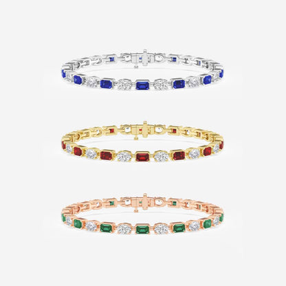 7 1/2 ctw Emerald Cut Created Ruby and Oval Lab Grown Diamond Alternating Bracelet - 7 Inches    14K White Gold