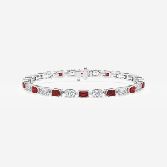 7 1/2 ctw Emerald Cut Created Ruby and Oval Lab Grown Diamond Alternating Bracelet - 7 Inches    14K White Gold