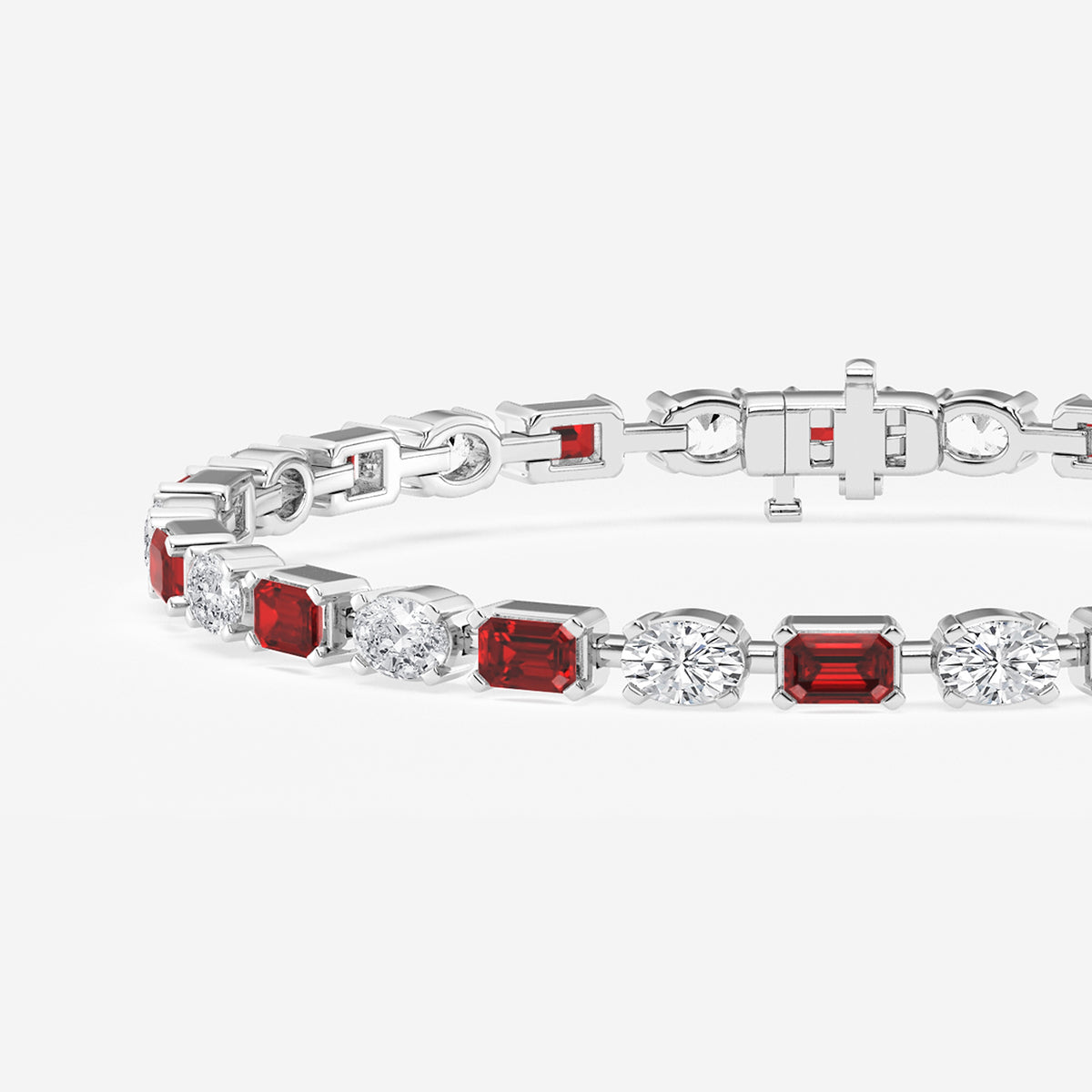 7 1/2 ctw Emerald Cut Created Ruby and Oval Lab Grown Diamond Alternating Bracelet - 7 Inches    14K White Gold