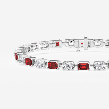 7 1/2 ctw Emerald Cut Created Ruby and Oval Lab Grown Diamond Alternating Bracelet - 7 Inches    14K White Gold