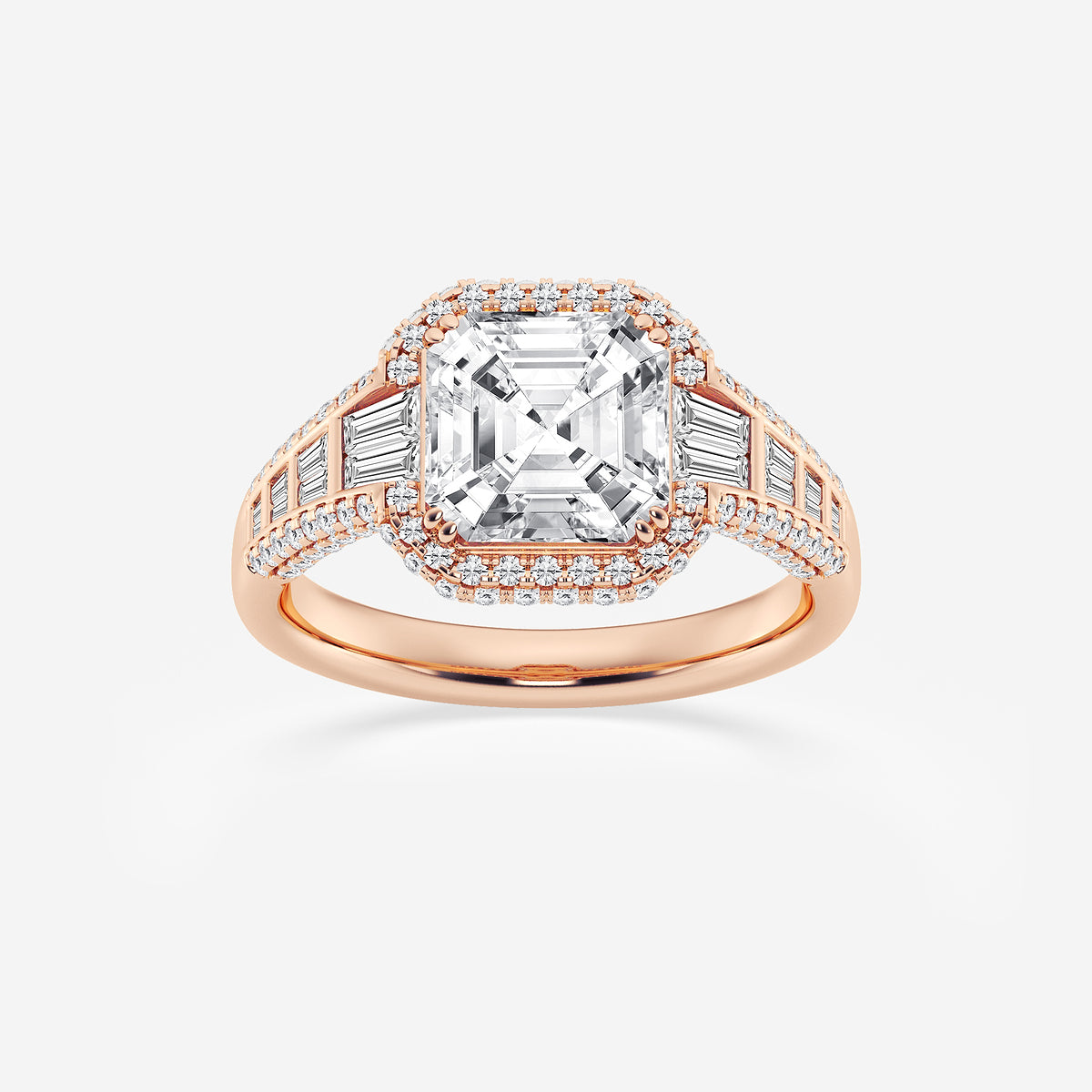 Rose gold ring with a large diamond and smaller diamonds on a white background