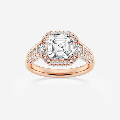 Rose gold ring with a large diamond and smaller diamonds on a white background