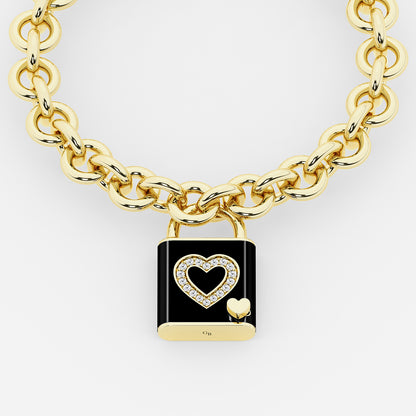 Pont Des Arts Black 1/4 ctw Round Lab Grown Diamond Heart Design Lock Bracelet with Black Ceramic    SS with 14K Yellow Gold Plating, DE, VS1