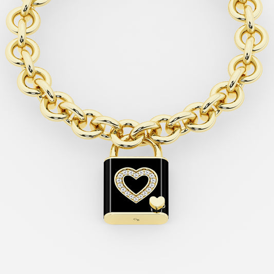 Pont Des Arts Black 1/4 ctw Round Lab Grown Diamond Heart Design Lock Bracelet with Black Ceramic    SS with 14K Yellow Gold Plating, DE, VS1