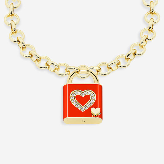 Pont Des Arts Red Ceramic Heart Lock Bracelet - Gold Plated Sterling Silver