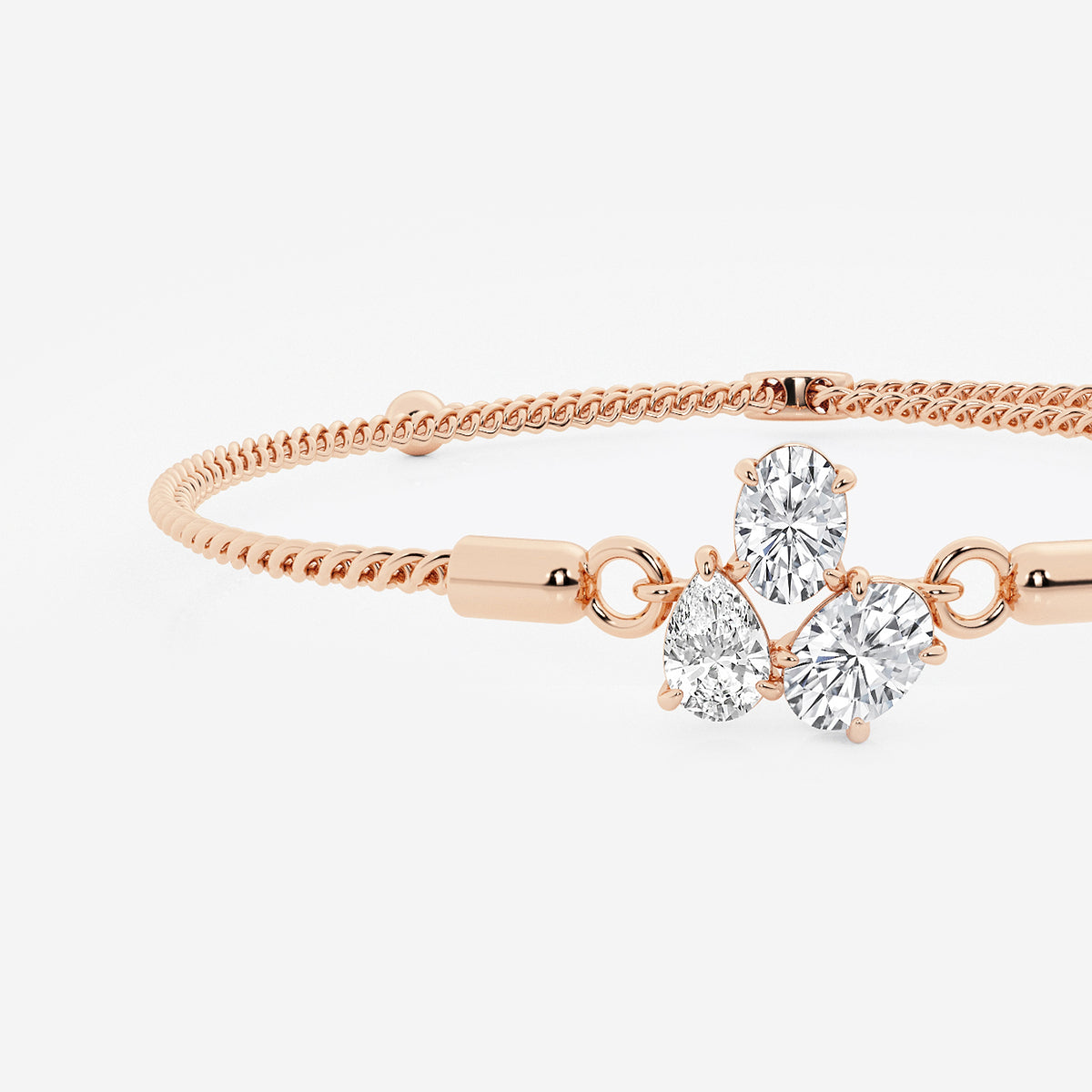 Oval & Pear Lab Grown Diamond Three Stone Bolo Bracelet in 14K Rose Gold