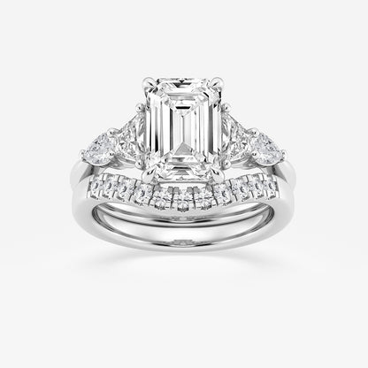 Diamond ring with emerald-cut center stone on a white background