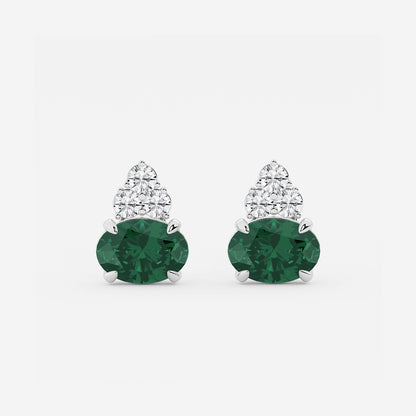 10.7x7.49mm East-West Oval Cut Created Emerald with 3/4 ctw Round Lab Grown Diamond Cluster Earrings    14K White Gold