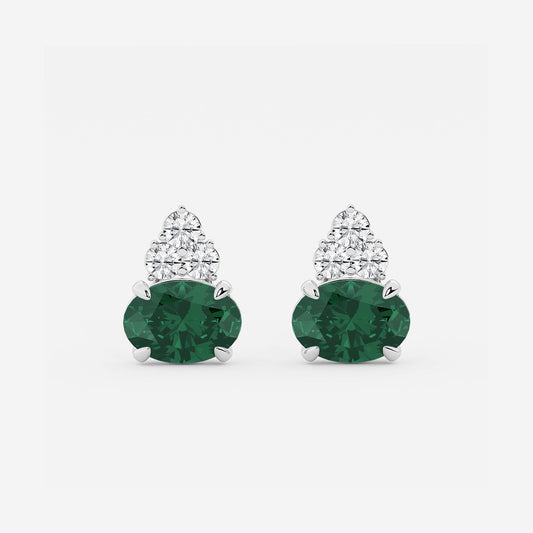 10.7x7.49mm East-West Oval Cut Created Emerald with 3/4 ctw Round Lab Grown Diamond Cluster Earrings    14K White Gold