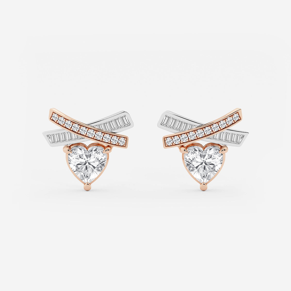 3 1/2 ctw Heart Lab Grown Diamond with Baguette and Round X Earrings    14K Two-Tone White & Rose Gold, E, VS1| IGI Certified