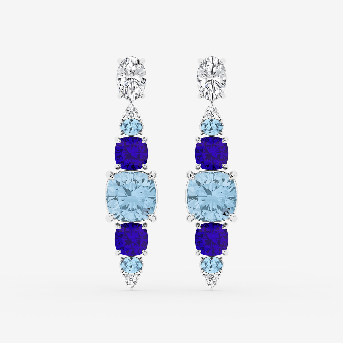 13 ctw Cushion & Oval Cut Created Aquamarine and Cushion Cut Created Tanzanite with Round & Trillion Lab Grown Diamond Drop Earrings    14K White Gold