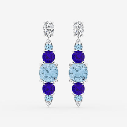 13 ctw Cushion & Oval Cut Created Aquamarine and Cushion Cut Created Tanzanite with Round & Trillion Lab Grown Diamond Drop Earrings    14K White Gold