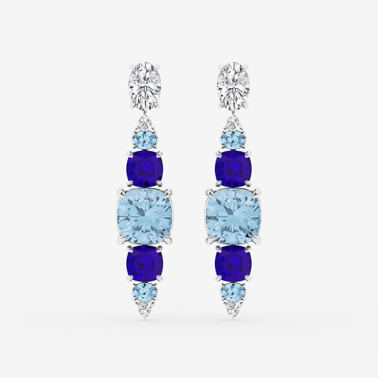 13 ctw Cushion & Oval Cut Created Aquamarine and Cushion Cut Created Tanzanite with Round & Trillion Lab Grown Diamond Drop Earrings    14K White Gold