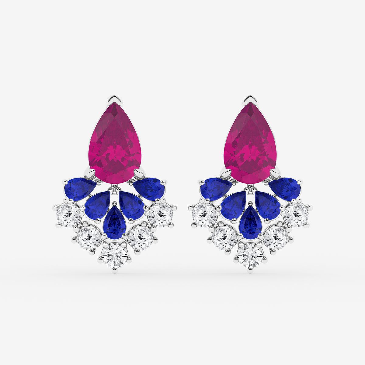 14 7/8 ctw Pear Cut Created Pink & Blue Sapphire with Round Lab Grown Diamond Dangle Earring    14K White Gold