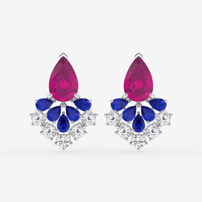 14 7/8 ctw Pear Cut Created Pink & Blue Sapphire with Round Lab Grown Diamond Dangle Earring    14K White Gold
