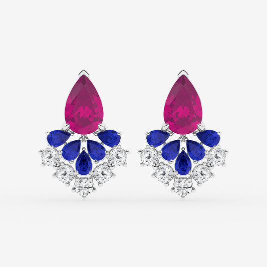 14 7/8 ctw Pear Cut Created Pink & Blue Sapphire with Round Lab Grown Diamond Dangle Earring    14K White Gold