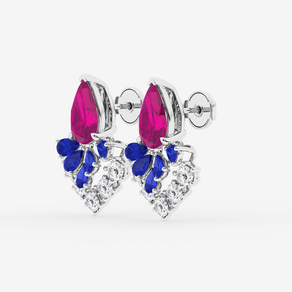 14 7/8 ctw Pear Cut Created Pink & Blue Sapphire with Round Lab Grown Diamond Dangle Earring    14K White Gold