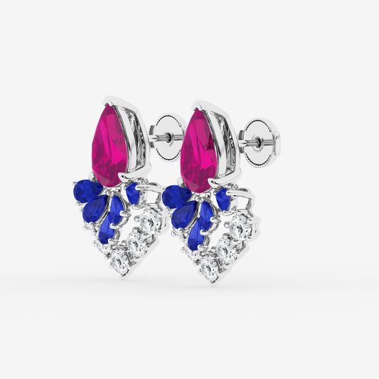 14 7/8 ctw Pear Cut Created Pink & Blue Sapphire with Round Lab Grown Diamond Dangle Earring    14K White Gold