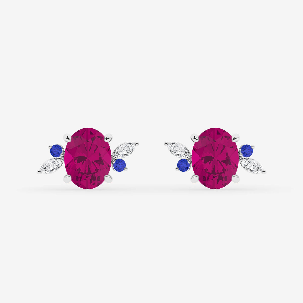 6 1/3 ctw Oval Cut Created Pink Sapphire and Marquise Lab Grown Diamond Nature Inspired Motive Stud Earrings with Round Blue Sapphire    14K White Gold