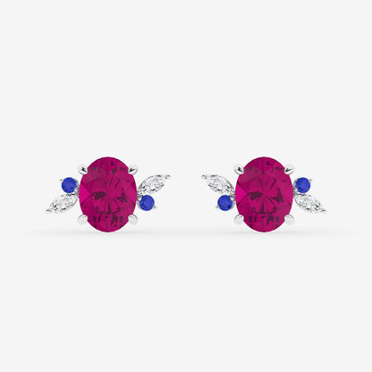 6 1/3 ctw Oval Cut Created Pink Sapphire and Marquise Lab Grown Diamond Nature Inspired Motive Stud Earrings with Round Blue Sapphire    14K White Gold