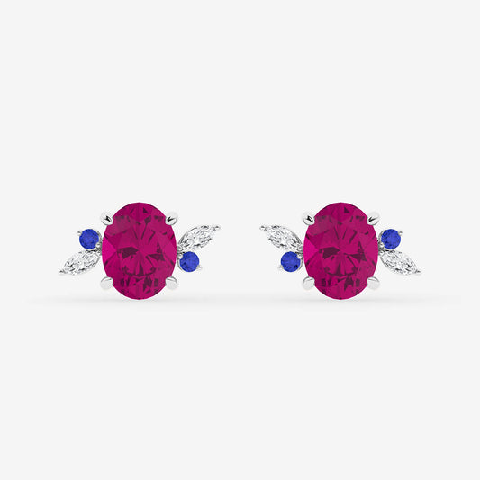 6 1/3 ctw Oval Cut Created Pink Sapphire and Marquise Lab Grown Diamond Nature Inspired Motive Stud Earrings with Round Blue Sapphire    14K White Gold