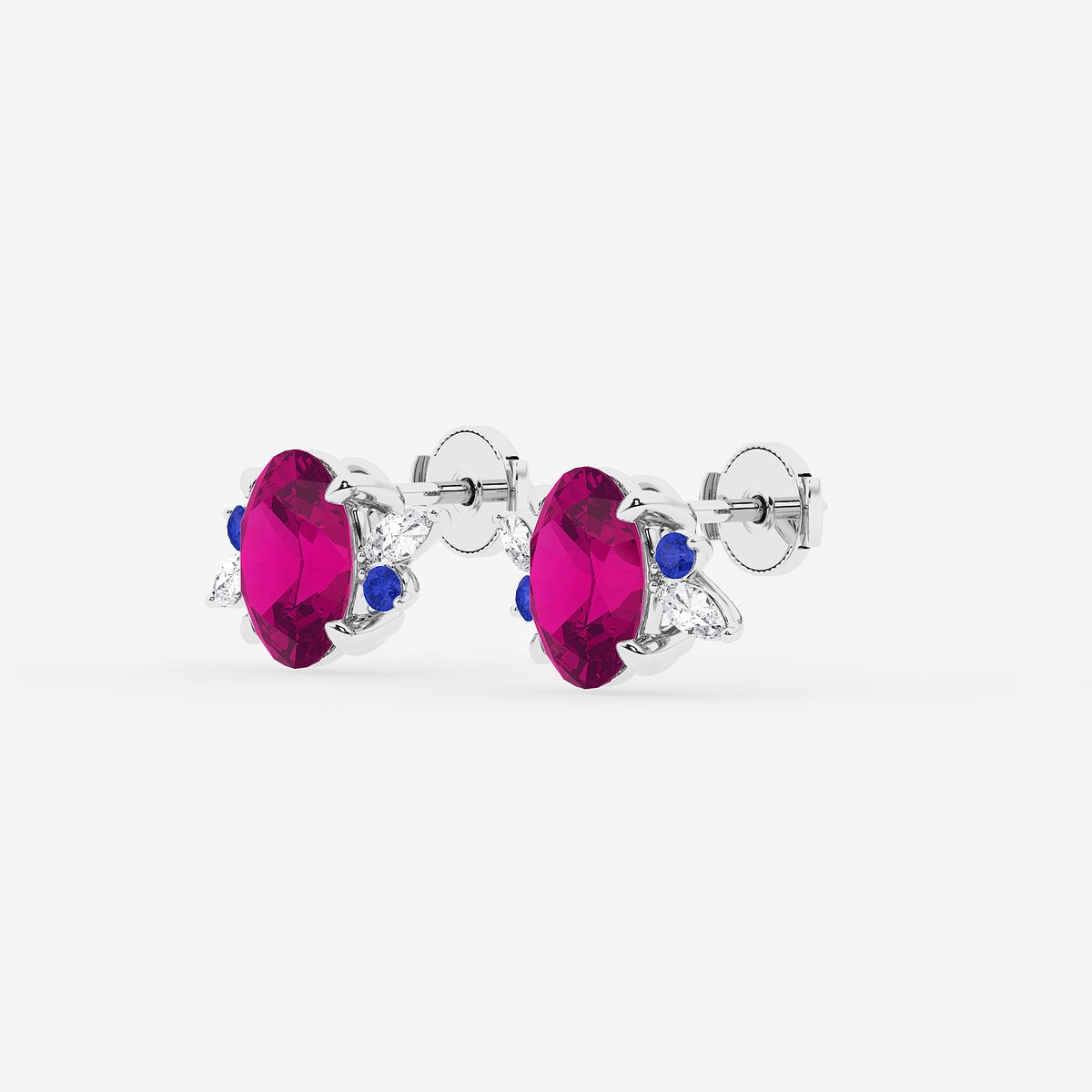 6 1/3 ctw Oval Cut Created Pink Sapphire and Marquise Lab Grown Diamond Nature Inspired Motive Stud Earrings with Round Blue Sapphire    14K White Gold