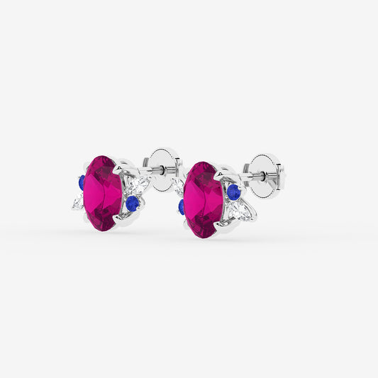 6 1/3 ctw Oval Cut Created Pink Sapphire and Marquise Lab Grown Diamond Nature Inspired Motive Stud Earrings with Round Blue Sapphire    14K White Gold