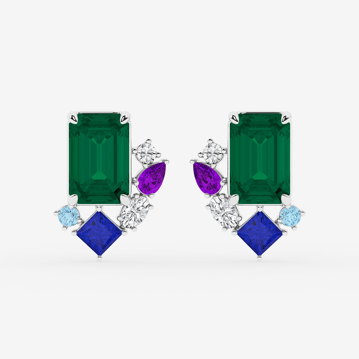 5 ctw Emerald Cut Created Emerald with Round and Oval Lab Grown Diamond Stud Earrings    14K White Gold