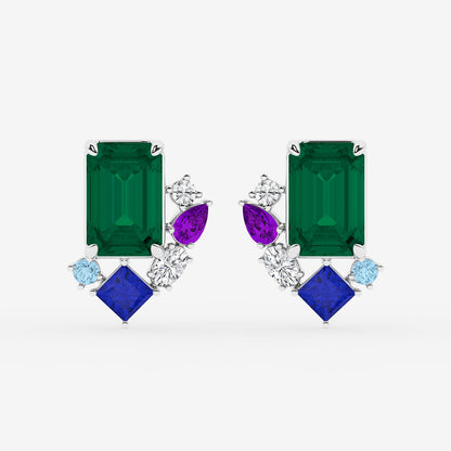 5 ctw Emerald Cut Created Emerald with Round and Oval Lab Grown Diamond Stud Earrings    14K White Gold