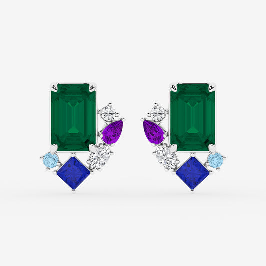 5 ctw Emerald Cut Created Emerald with Round and Oval Lab Grown Diamond Stud Earrings    14K White Gold
